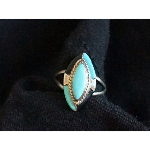 Turquoise Onyx Southwestern Sterling Ring Signed 4.5 - Picture 5 of 7